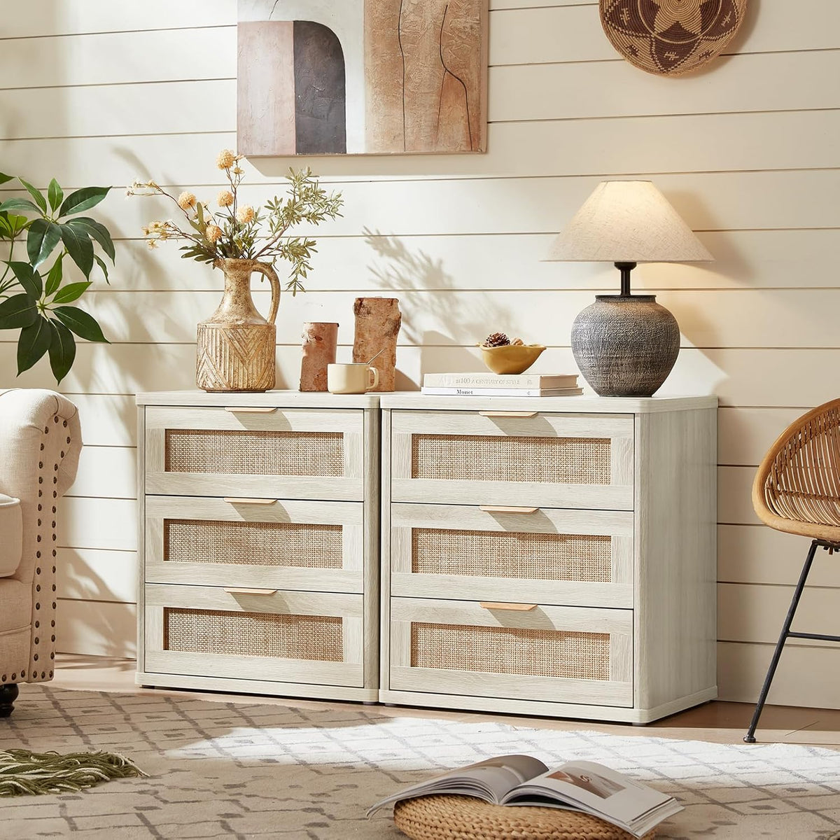 LEYAOYAO Rattan Night Stand with Drawers, 23" Large 3 Drawer Boho Nightstand, Grey White Bedside