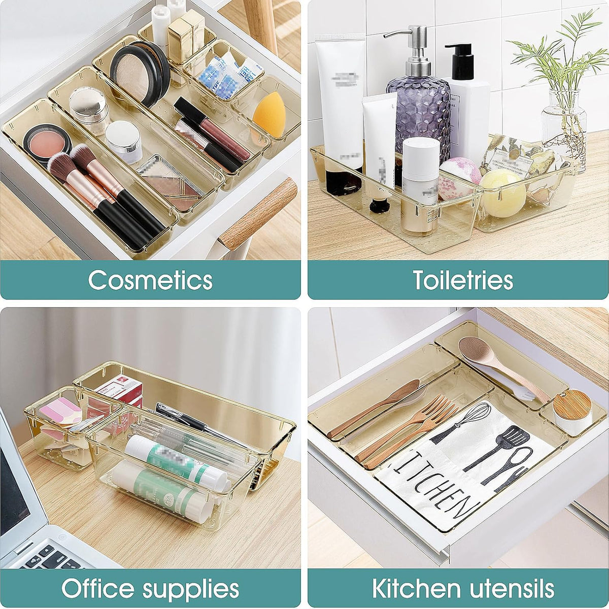 WOWBOX 25 PCS Plastic Drawer Organizer Set, 4 Sizes Desk Drawer Divider Organizers and Storage Bins