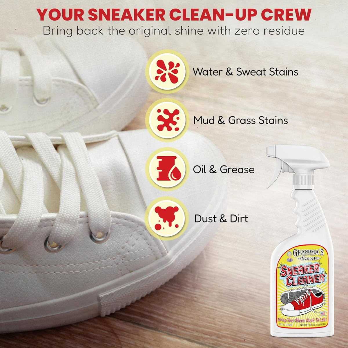 Grandma's Secret Shoe Cleaner - Stain Remover Spray for Rubber, Canvas and Leather - Removes Dirt