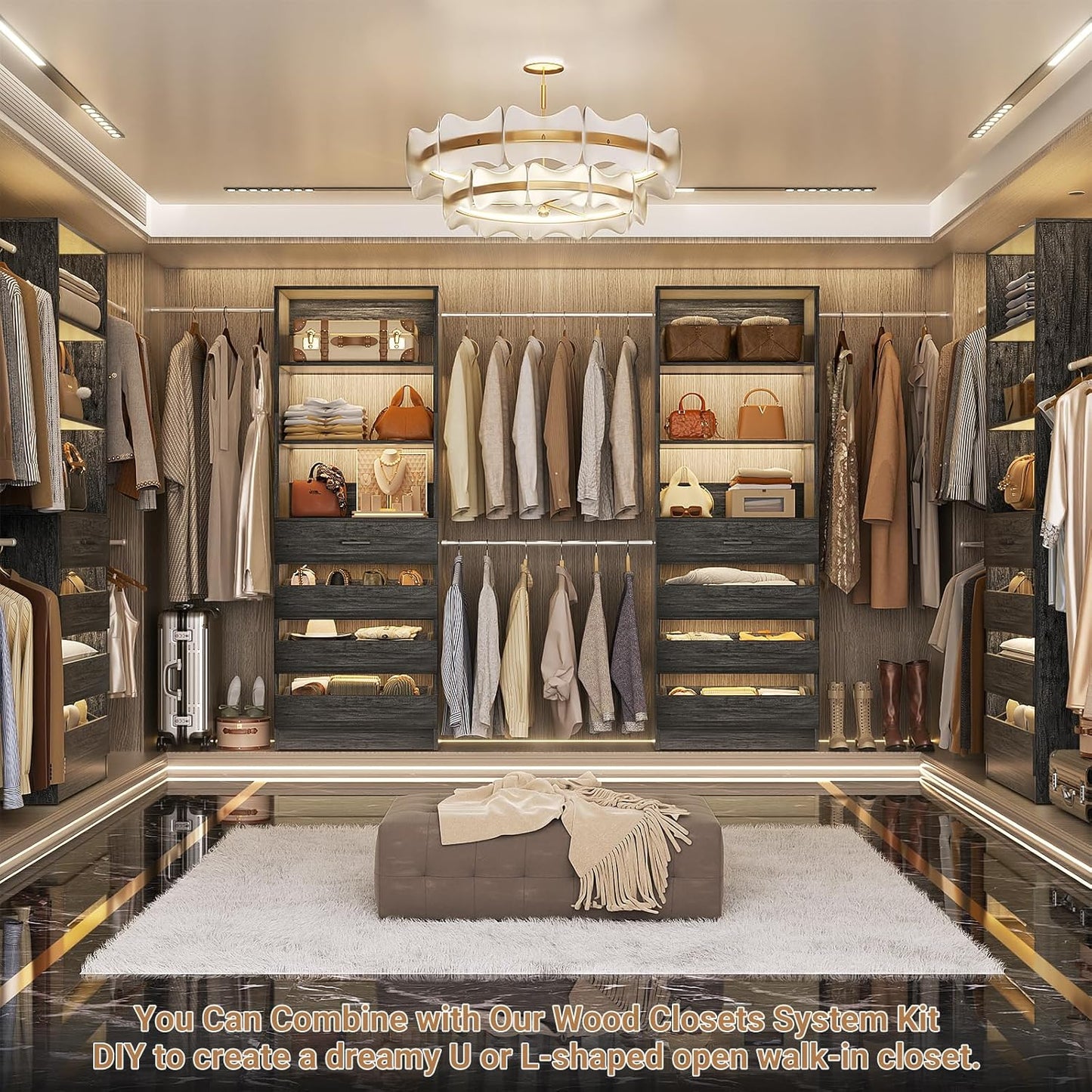 Aheaplus Closet System, 6-15Ft Closet Organizer with 8 Wooden Drawers, Wood Closet Organizer System
