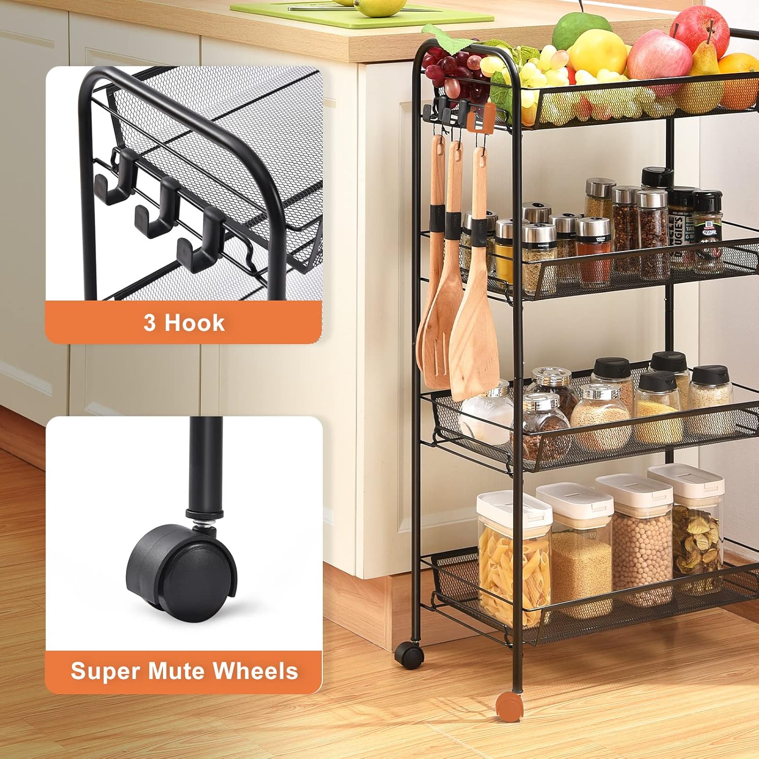 TOOLF 4-Tier Rolling Cart, Metal Utility Cart with 3 Hooks, Easy Assemble Mobile Storage Trolley On