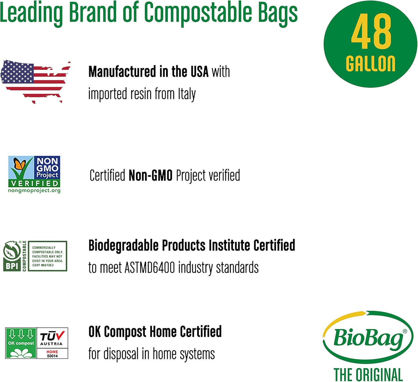 BioBag (USA) The Original Compostable Bag, 48 Gallon, 80 Count, 100% Certified Compostable Trash