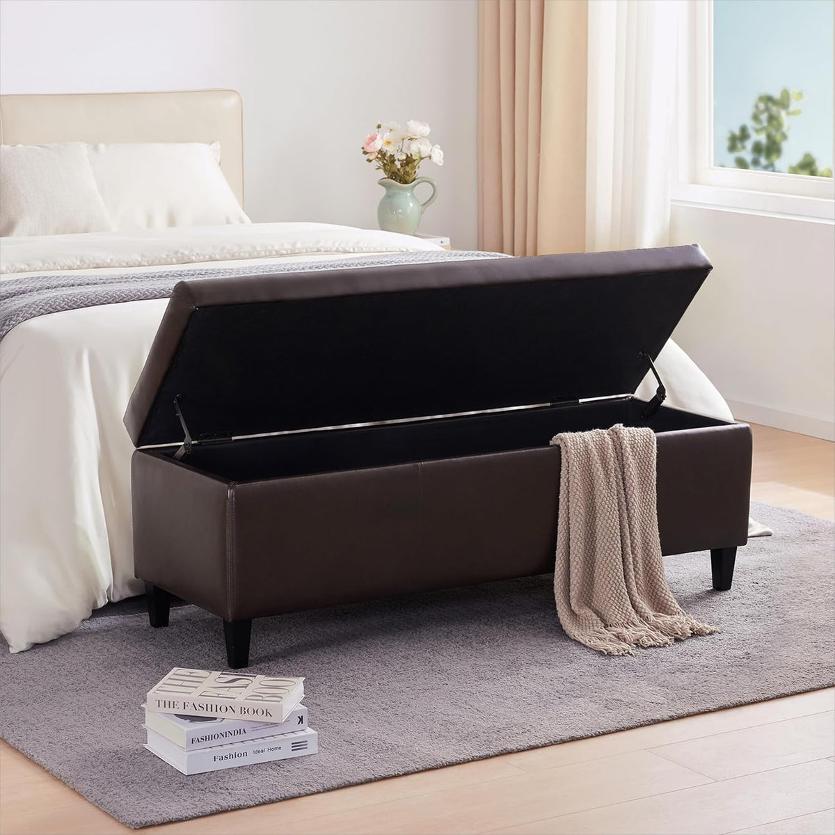 HUIMO Faux Leather Storage Ottoman Bench 50.3 Inch Extra Long PU Upholstered Bedroom Bench with