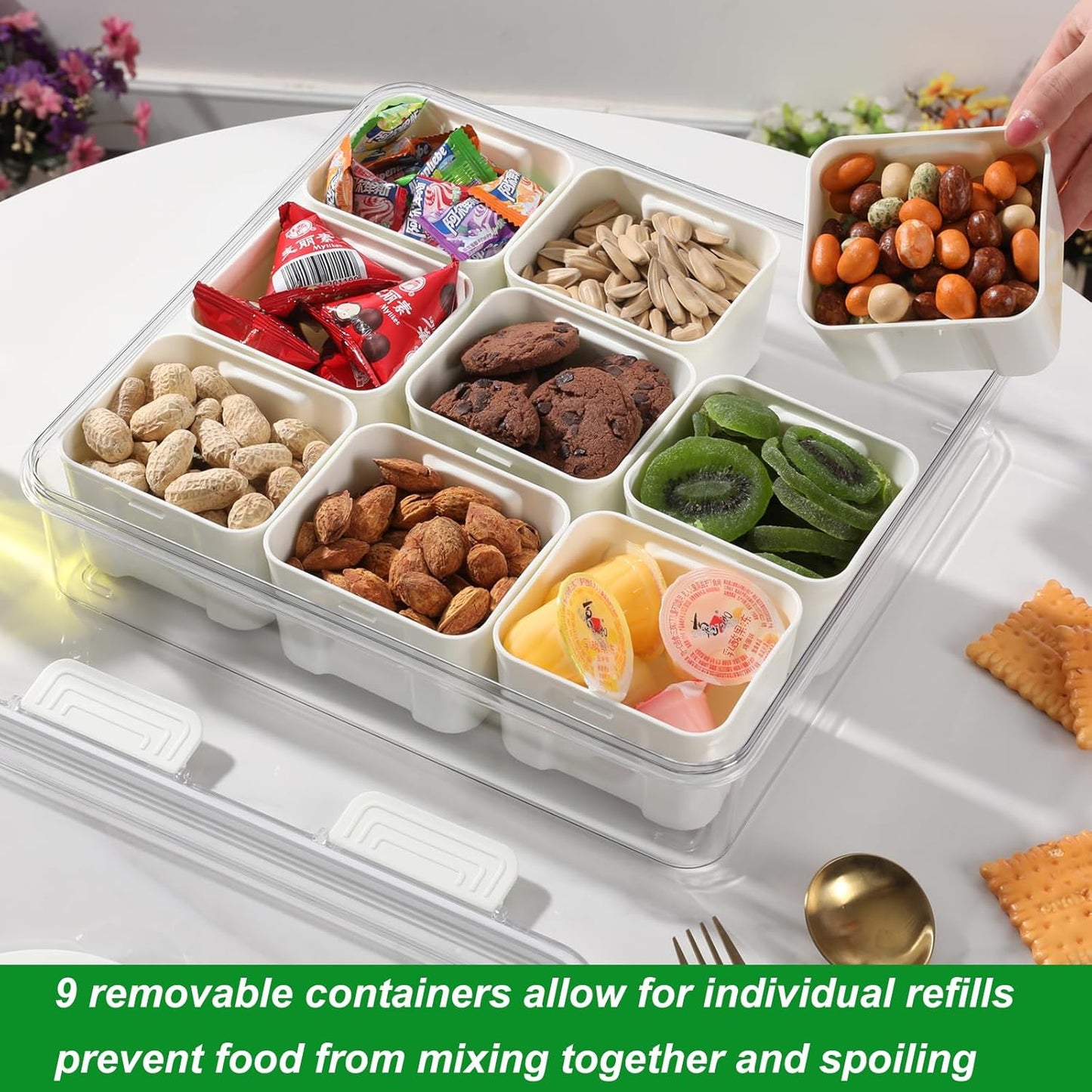 Taiuloo Divided Serving Tray with Lid & Handle, Airtight 9 Compartment Snackle Box Charcuterie