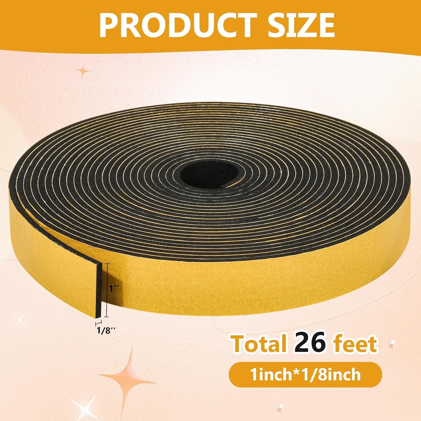 26Feet Weather Stripping Seal (1 Inch X 1/8 Inch) for Door Window, High Density Foam Tape