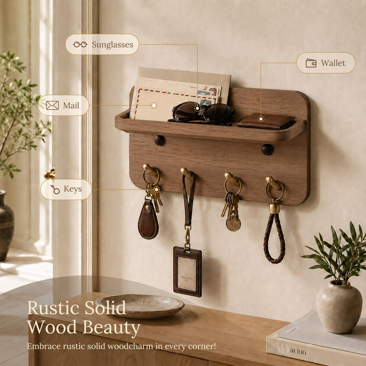 LEIRUOTM Key Holder Wall Mount, Solid Wood Key Holder for Wall with 4 Brass Hooks & Hidden Magnets