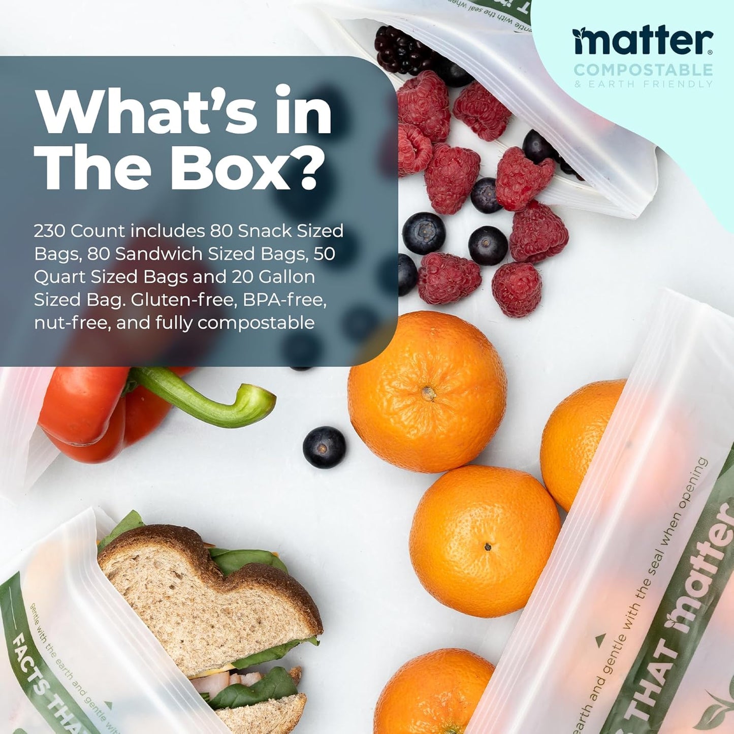 Matter Compostable Assorted Kitchen Bags, 230 Count, Biodegradable, Eco-Friendly Resealable Food