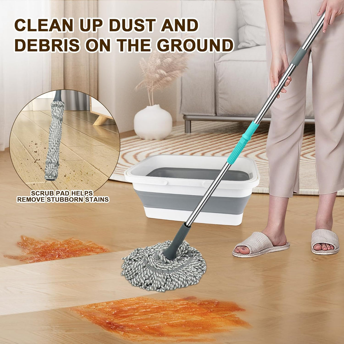 Self Wringing Mop with Bucket- Easy Squeeze Twist Mop with 52.5 Inch Long Handle, Heavy Duty for
