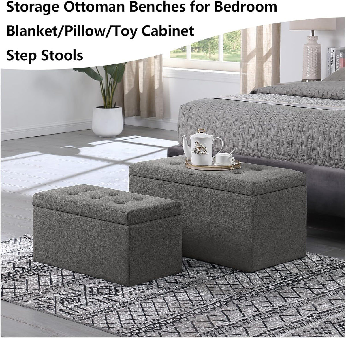 Storage Ottoman Bench with 2.56-inch Thick Seat, 31.5 inch Nesting Ottoman Set of 2, Hinged Flip