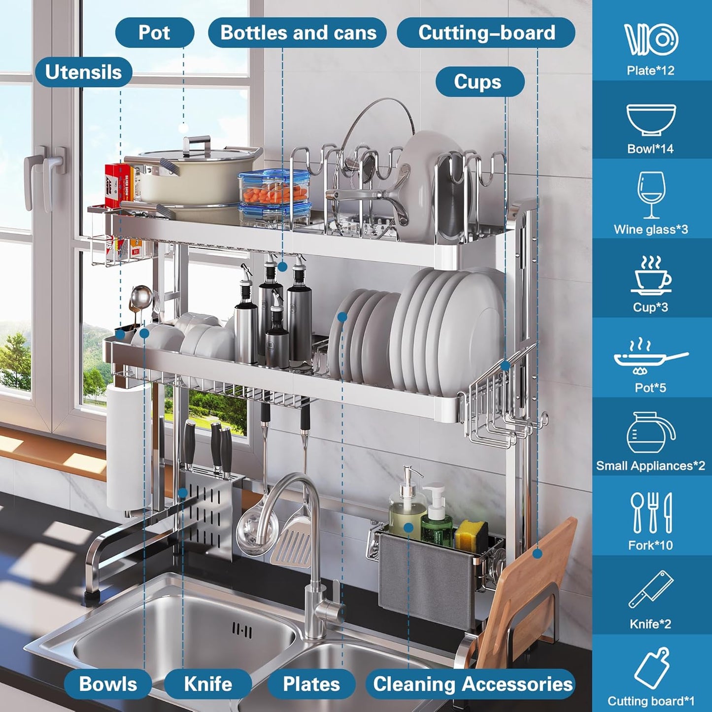 Over The Sink Dish Drying Rack,3 Tier Adjustable Length Full Stainless Steel Large Storage Kitchen