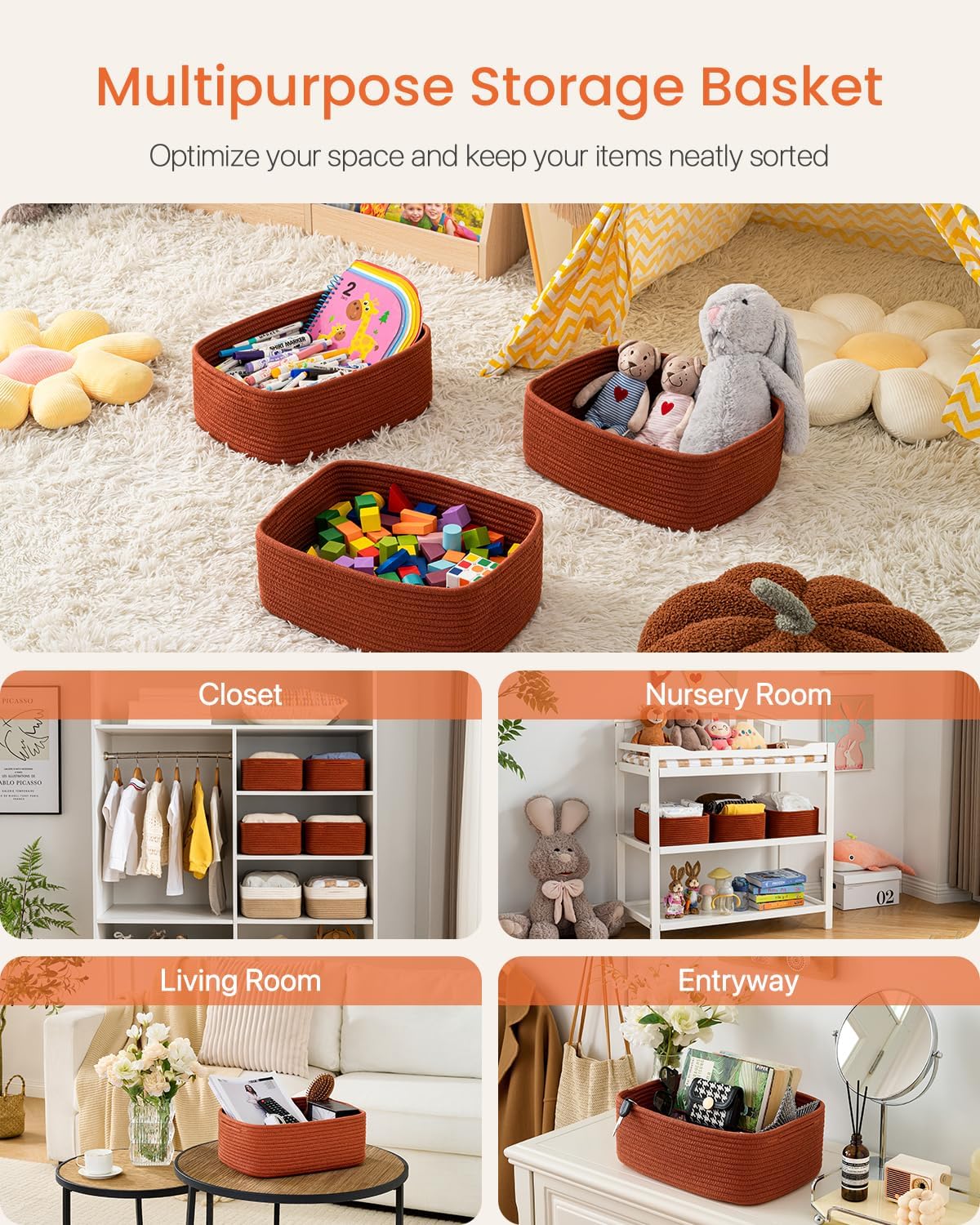 Small Woven Basket, 13.5 x 9.5 x 5 Inches, Storage Basket for Organizing, Cute Small Rope Shelf