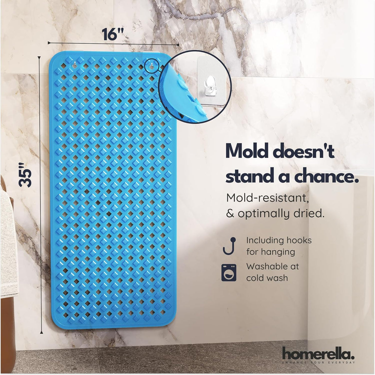 homerella® Bathtub Mat Non Slip 35x16, Incl. Hooks for Drying, Extra Long, 100% BPA Free, Shower