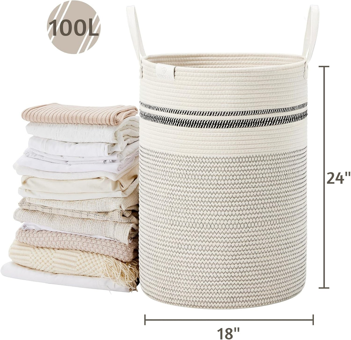 VIPOSCO Tall Laundry Basket, Large Dirty Clothes Hamper with Leather Handle, Woven Rope Storage