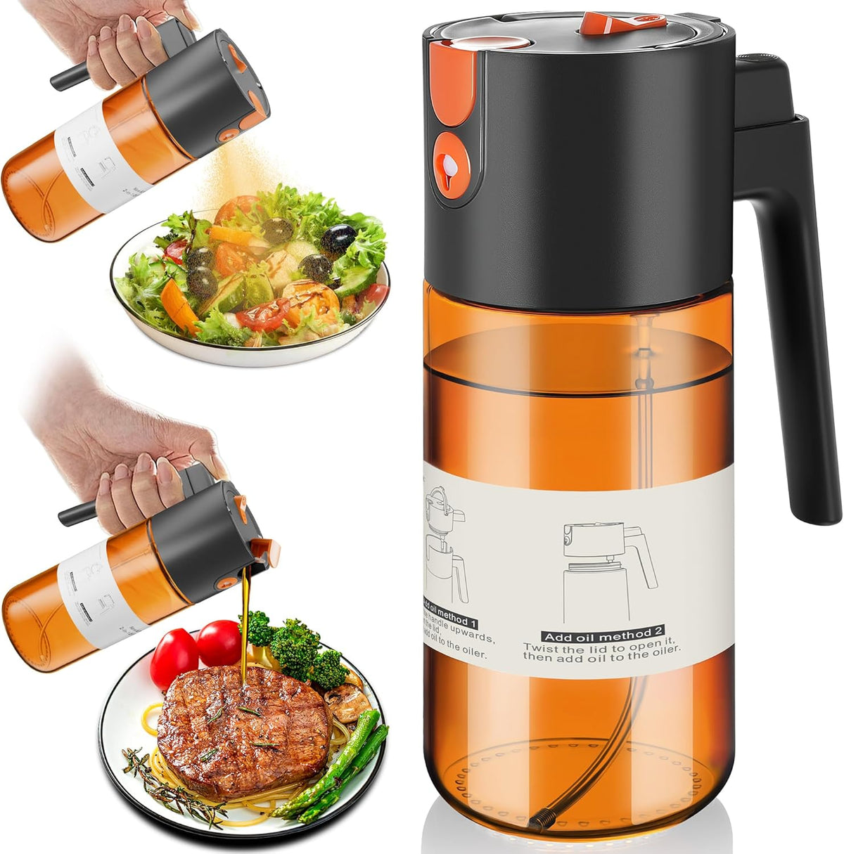 Upgrade 2 in 1 Oil Sprayer for Cooking, 17oz Light-Blocking Glass Olive Oil Dispenser Bottle for