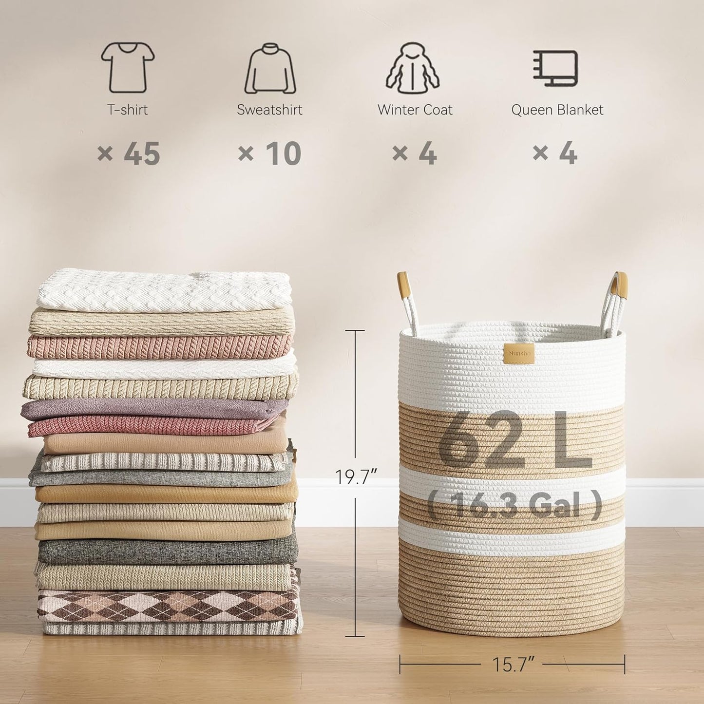62L Striped Laundry Hamper with Leather Handles,Large Foldable Laundry Basket for Clothes,Cotton