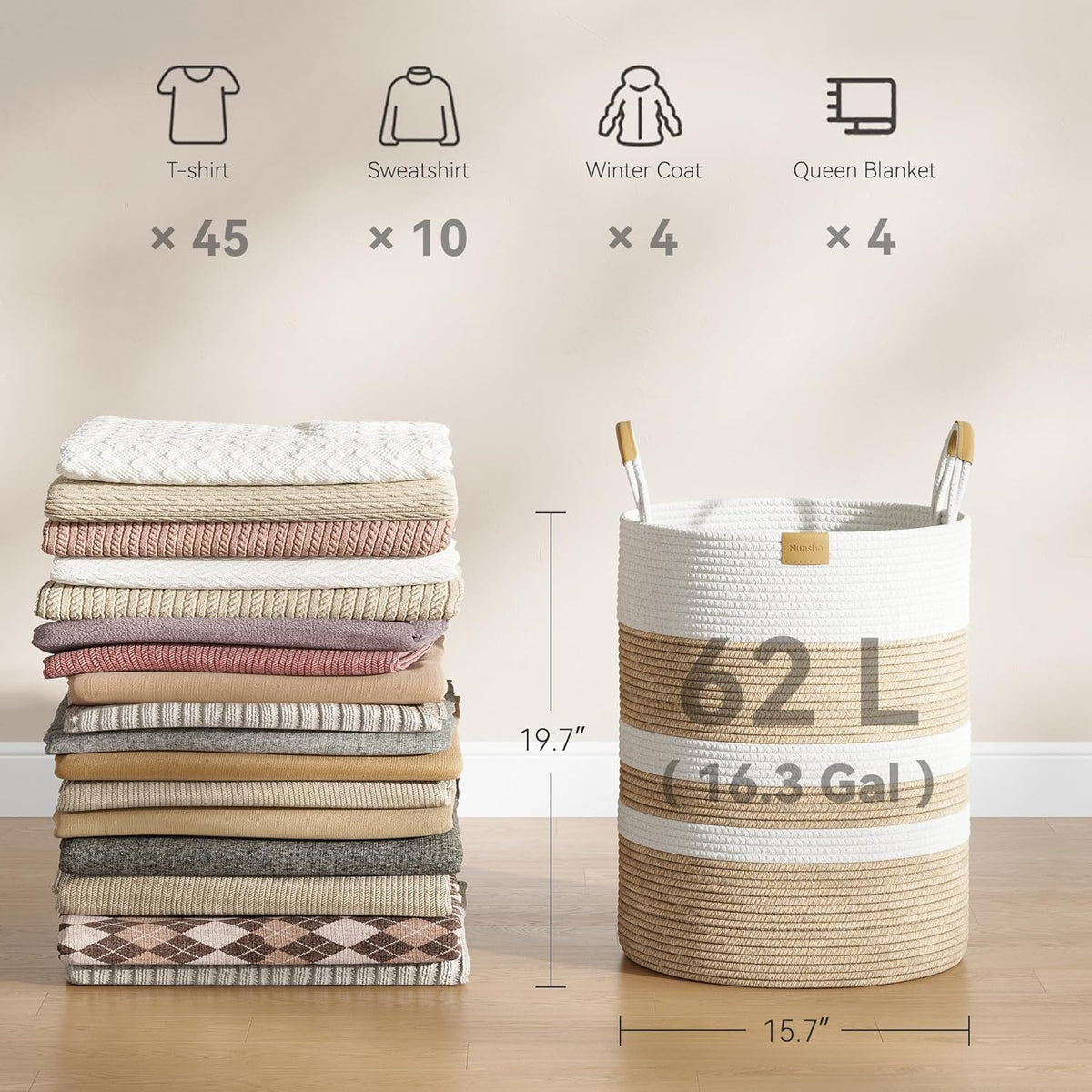 62L Striped Laundry Hamper with Leather Handles,Large Foldable Laundry Basket for Clothes,Cotton