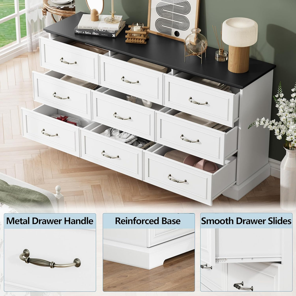 9 Drawer Dresser for Bedroom, 63" Wide Wooden Chest of Drawers, Rustic Farmhouse Dresser with Large