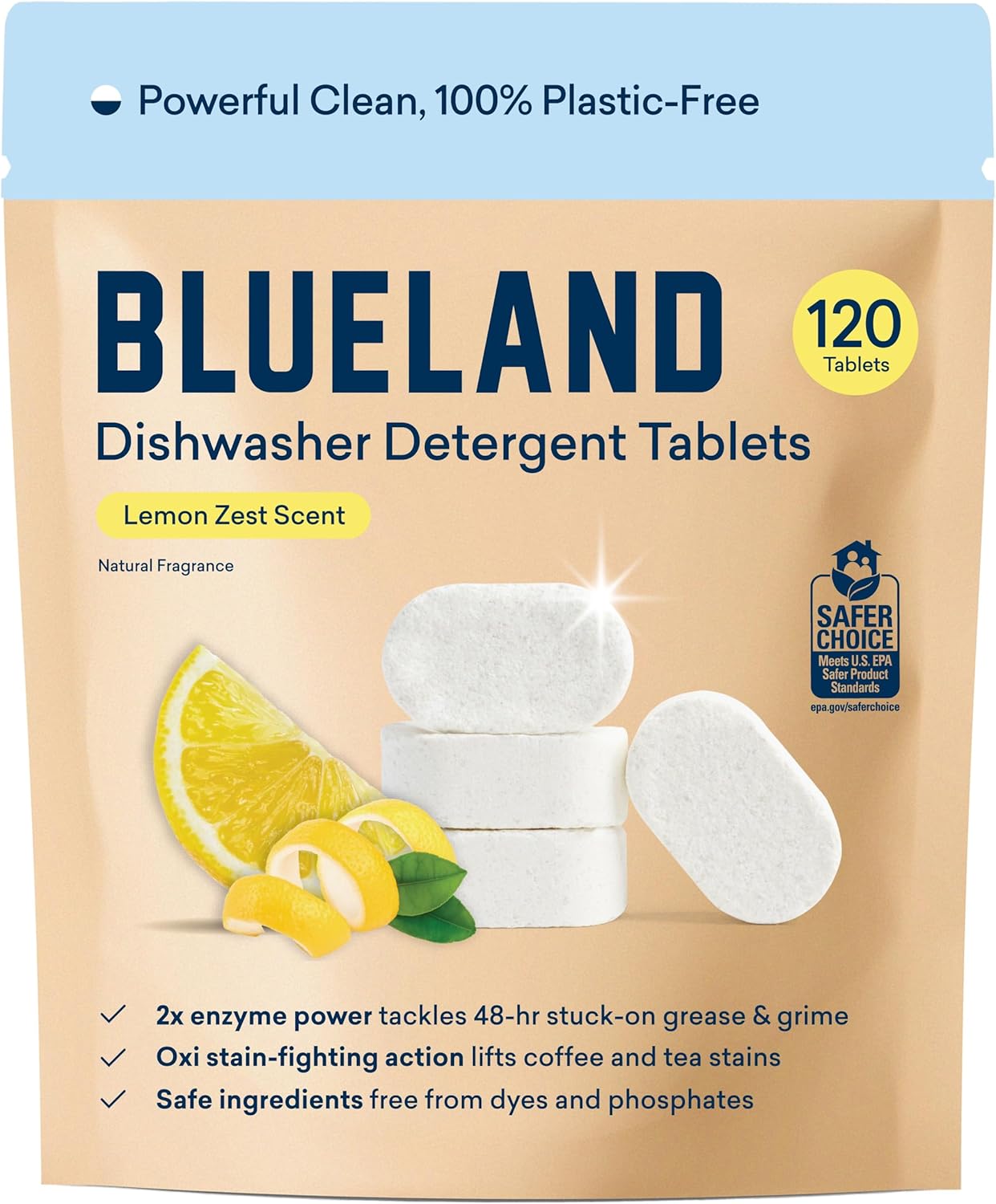 BLUELAND 100% Plastic-Free Dishwasher Detergent Tablets, 120 Count, Lemon Zest Scent, Eco Friendly