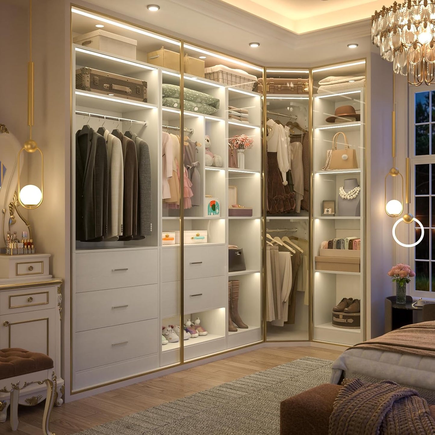 Corner Closet System with 5 Drawers, Closet Organizer System with 15+Shelvess & 4 Hanging Rods