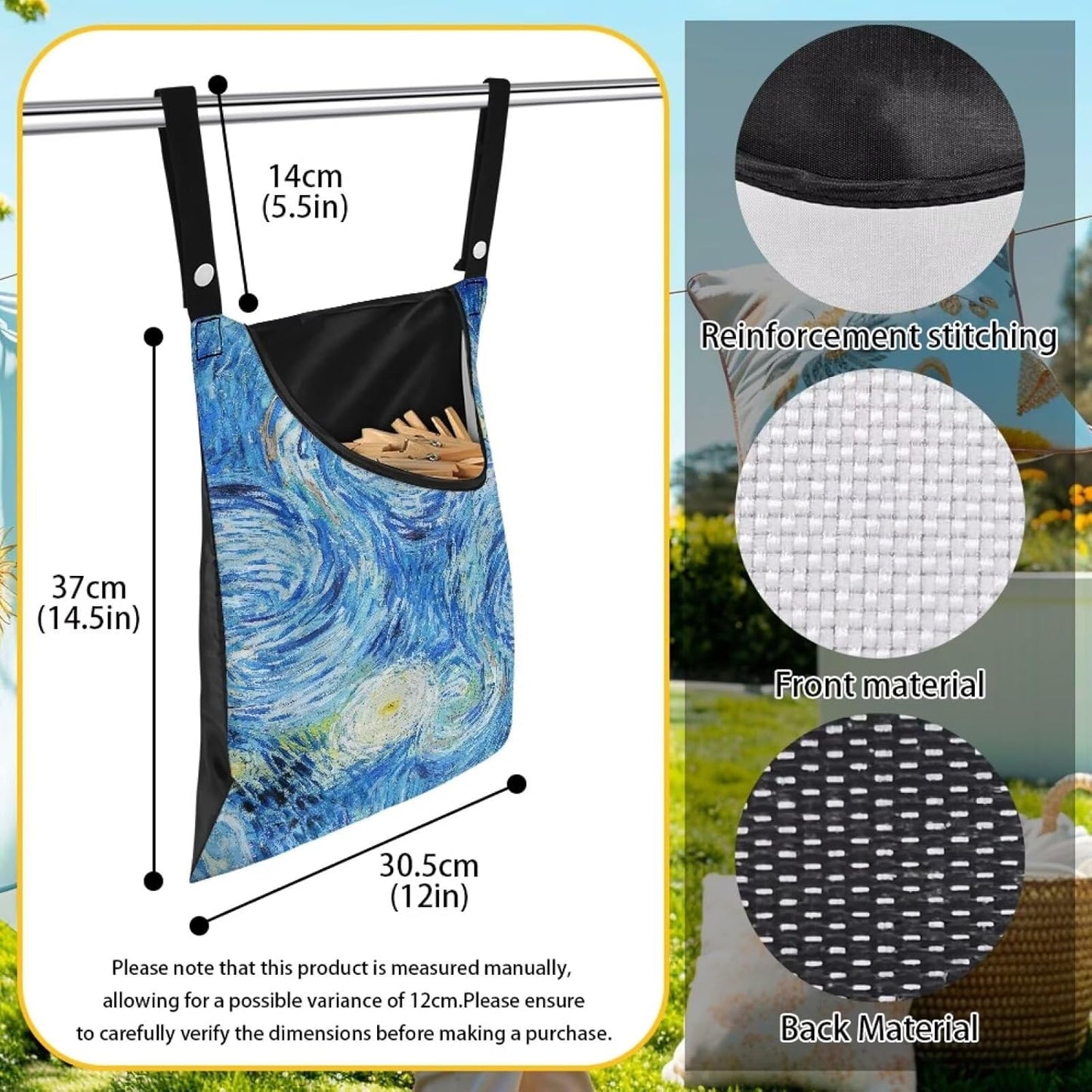 Clothes Pin Bag Clothespin Storage 14.5x12in - Creative Starry Night Print Oversized Windproof Bag