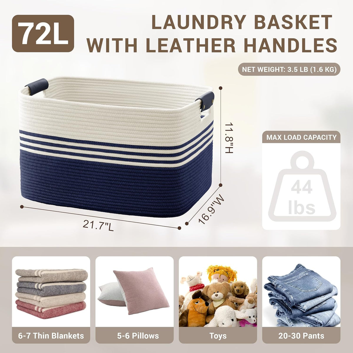 72L Large Laundry Basket with Leather Handles for Living Room Storage, Woven Rope Baskets Bin for