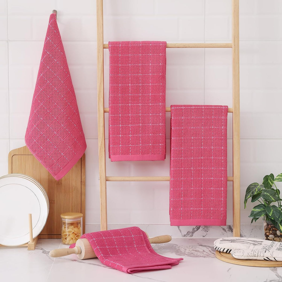 Homaxy 100% Cotton Terry Kitchen Towels(Rose Red, 13 x 28 inches), Checkered Designed, Soft and