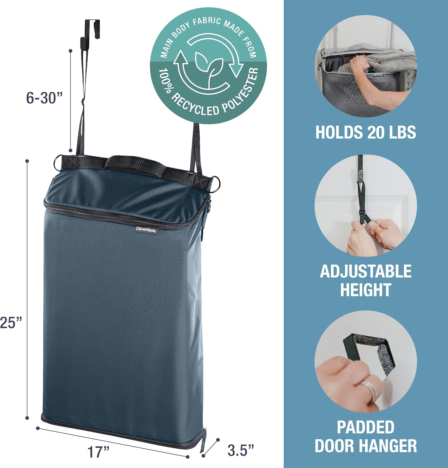 CleverMade Convertible Laundry Hamper Bag - Ocean Dark Charcoal holds 21.5L / 20 lbs 1 Compartment