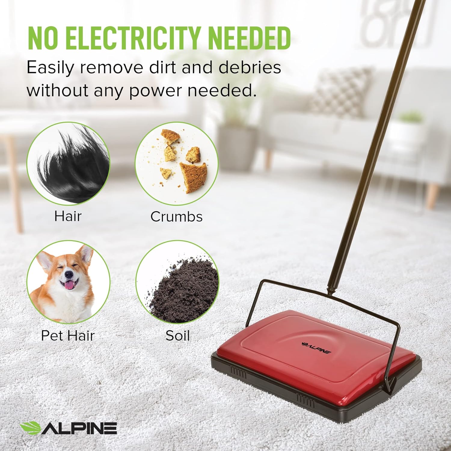 Alpine Manual Carpet Sweeper Triple Brush – Non Electric Multi-Surface Floor Cleaner Easy Sweeping