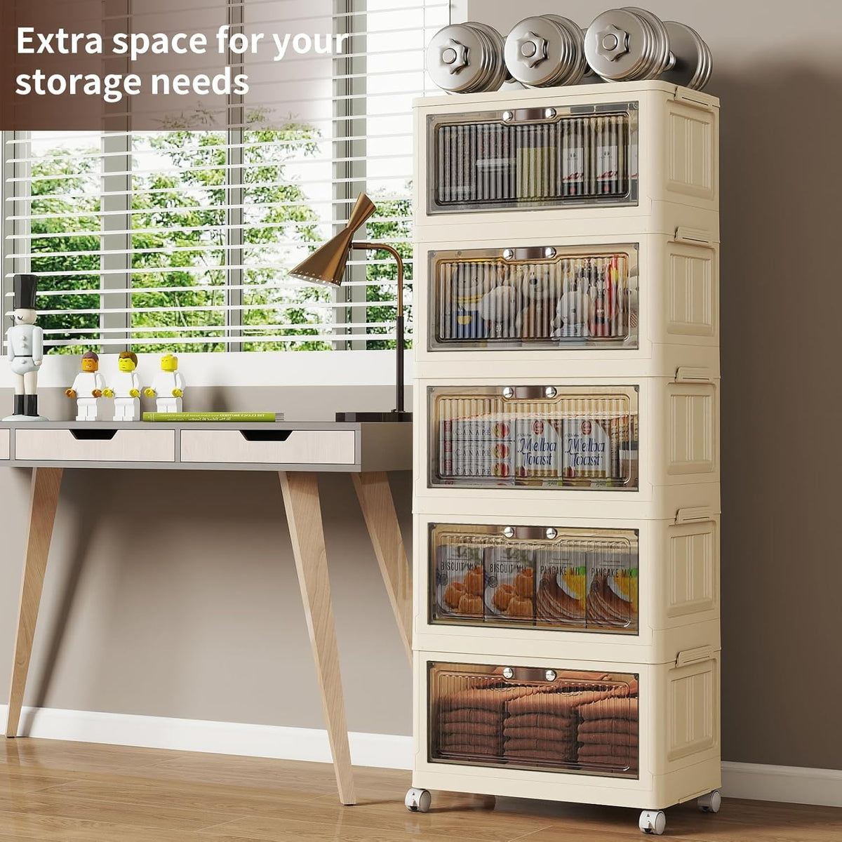 5 Tier - 48QT Storage Bins with Lids, Collapsible Storage Bins with Doors and Wheels, Plastic