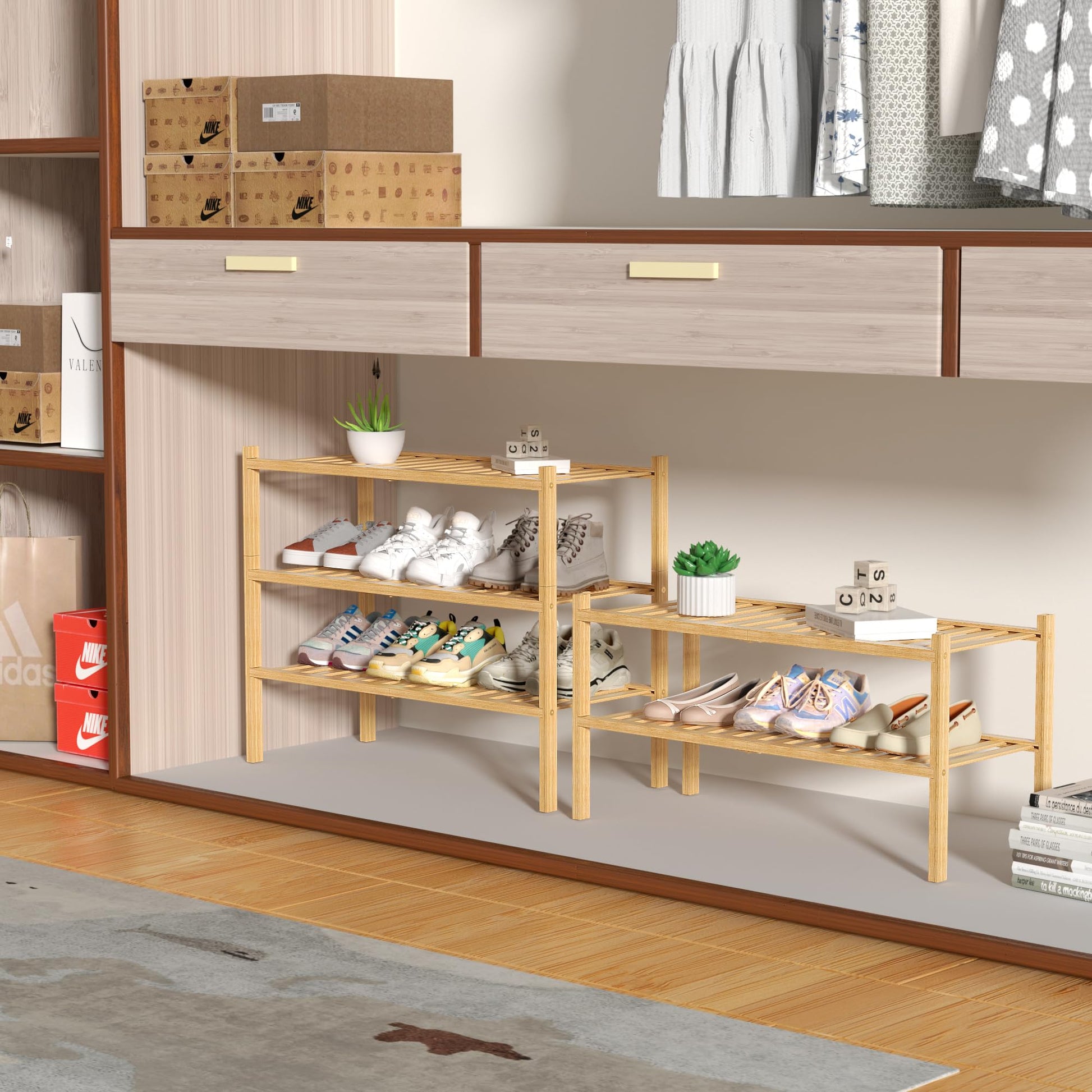 ROMGUAR CRAFT 3 Tier Bamboo Shoe Rack for Closet Free Standing Wood Shoe Shelf Storage Organizer