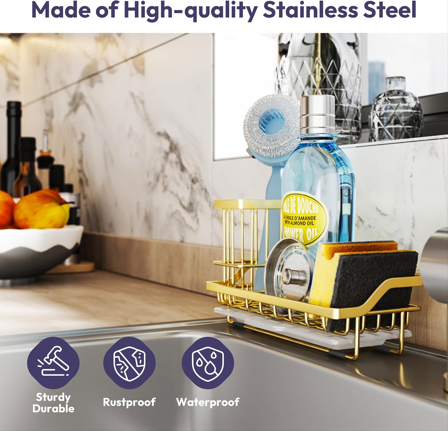 SWTYMIKI Sink Caddy Kitchen Sink Organizer with Detachable Brush Holder, Stainless Steel Sponge