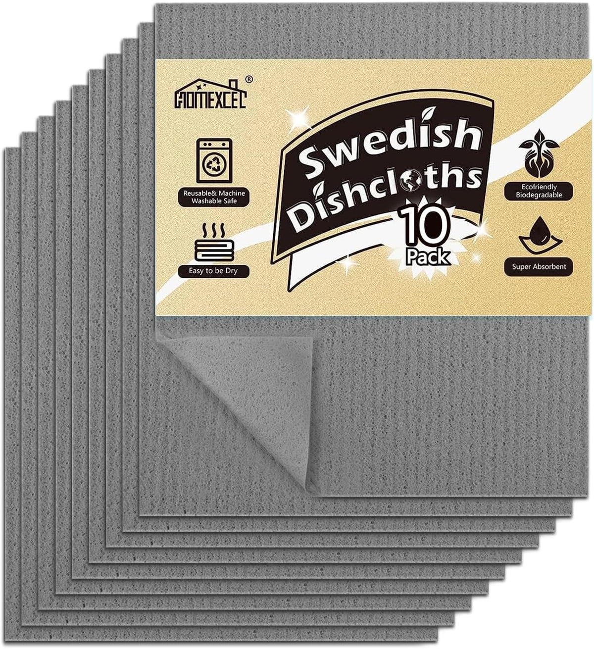 HOMEXCEL Swedish Dishcloths for Kitchen 10 Pack, Sponge Dish Cloth for Counters & Washing Dishes