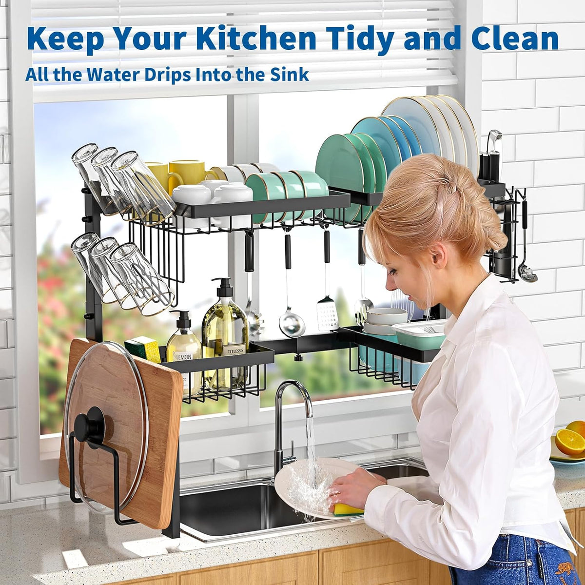 Over The Sink Dish Drying Rack,Expandable 2-Tier Stainless Steel Over The Sink Dish Rack with