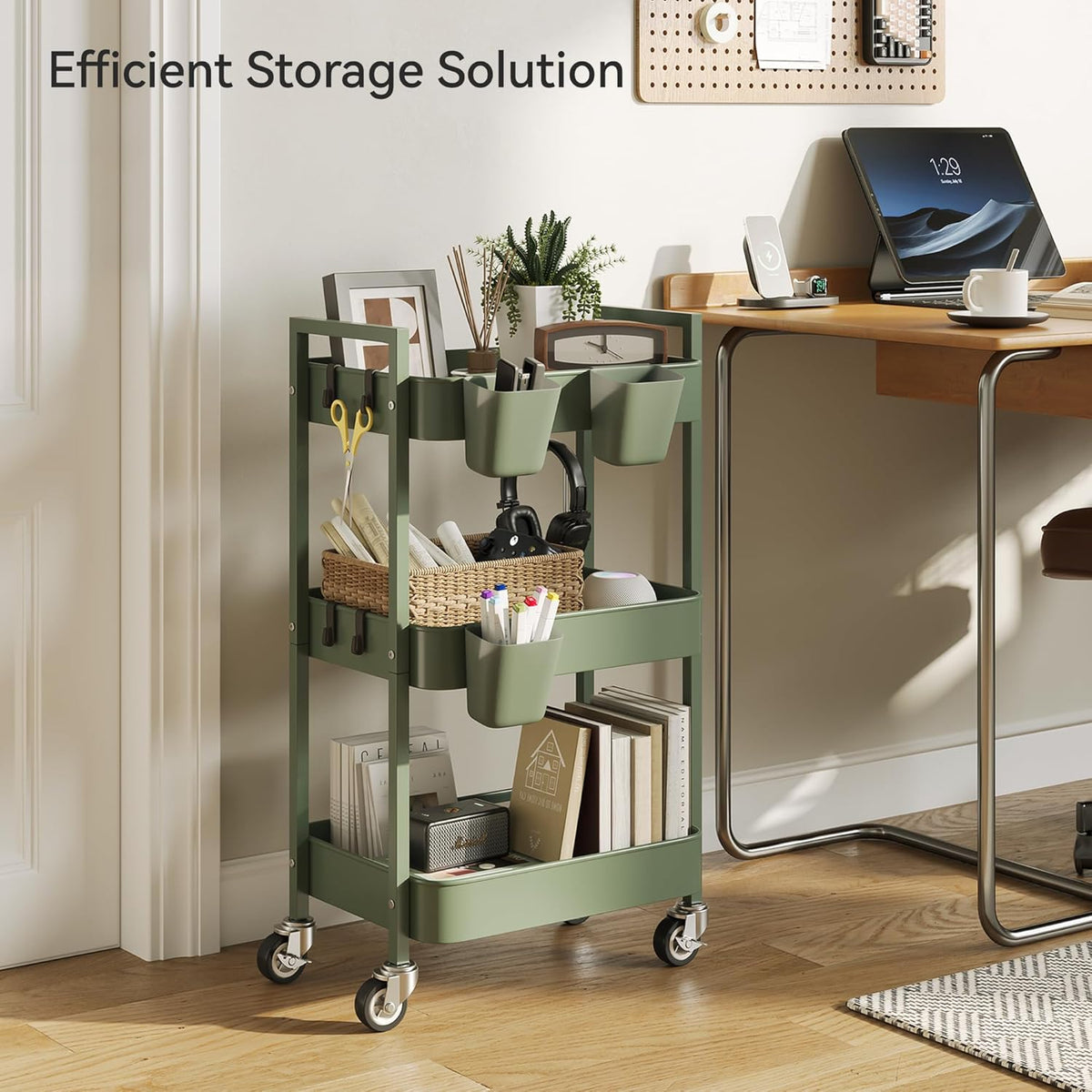 3 Tier Rolling Cart,Utility Cart with Locking Wheels, Hanging Cups,&Hooks, Heavy Duty Metal Storage