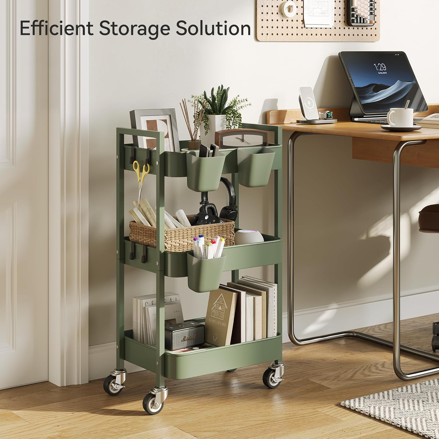 3 Tier Rolling Cart,Utility Cart with Locking Wheels, Hanging Cups,&Hooks, Heavy Duty Metal Storage