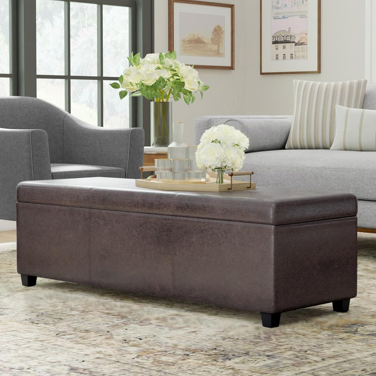 SIMPLIHOME Avalon 54 inch Wide Contemporary Rectangle Extra Large Storage Ottoman Bench in