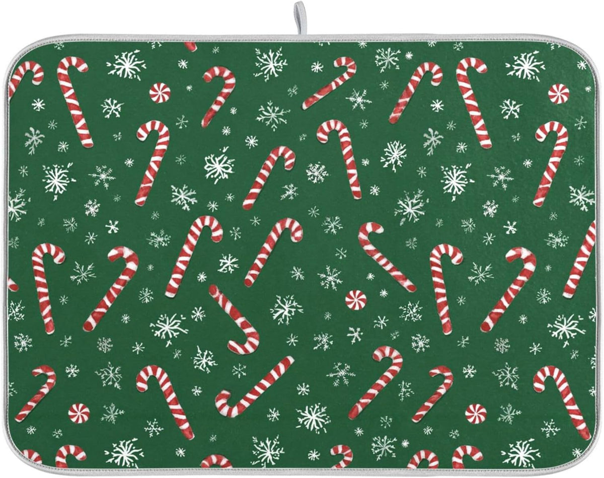 Christmas Candy Cane Dish Drying Mat for Kitchen Countertop 18x24 Winter Snowflake Green Xmas Large