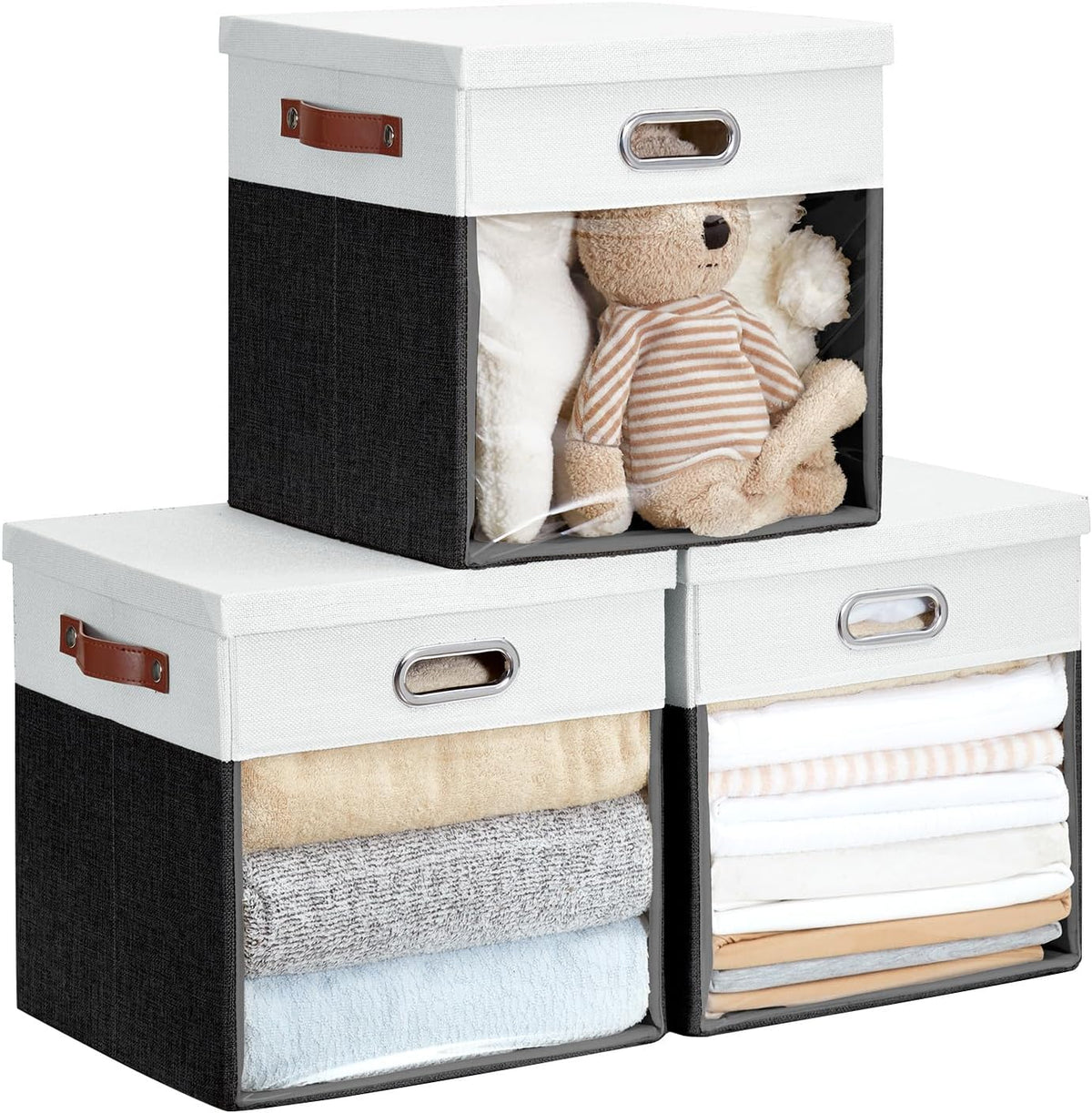 Fabric Storage Cubes with Clear Windows and Lids, 13'' Foldable Storage Bins with 3 Handles