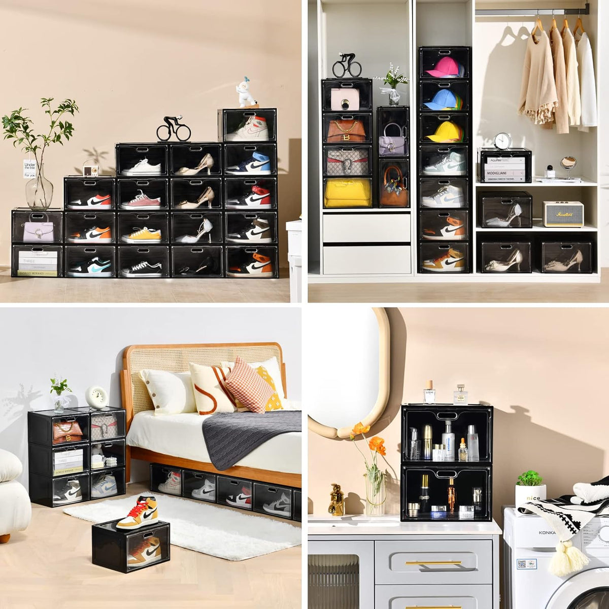 8 Pack Shoe Boxes Black Plastic Stackable, Large Shoe Storage Organizer,Drop Side Front Shoe