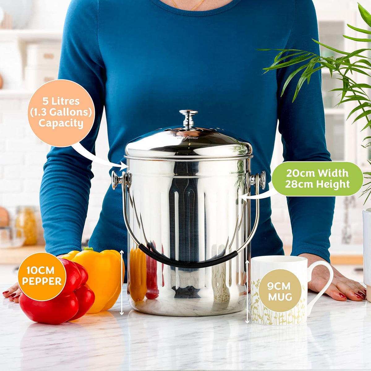 RED FACTOR Premium Compost Bin for Kitchen Countertop - Stainless Steel Food Waste Bucket with