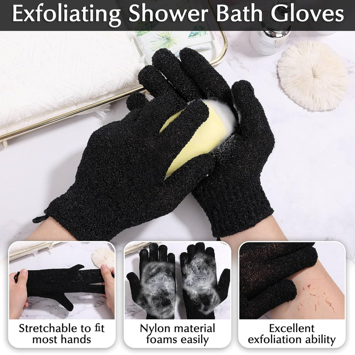 Anezus Exfoliating Back Scrubber Bath Gloves Set, Exfoliating Shower Towel with Shower Gloves for