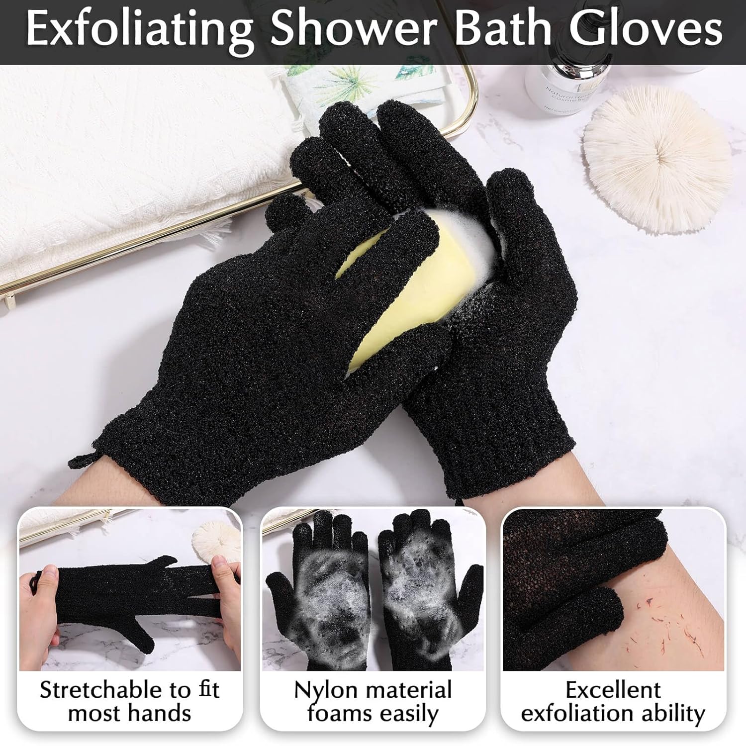 Anezus Exfoliating Back Scrubber Bath Gloves Set, Exfoliating Shower Towel with Shower Gloves for