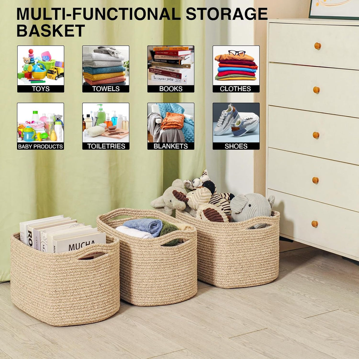 Decorative Storage Baskets for Organizing Shelves, Toy Basket for Nursery, Woven Cotton Rope