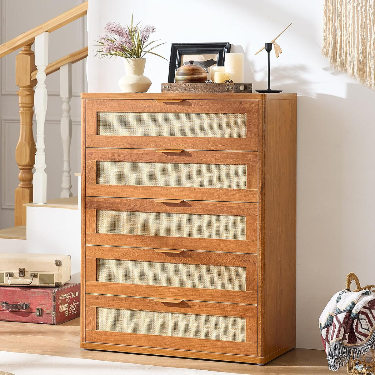 LEYAOYAO Rattan Dresser for Bedroom Set 2, 41" Tall Chest of Drawers, Modern 5 Drawers Boho