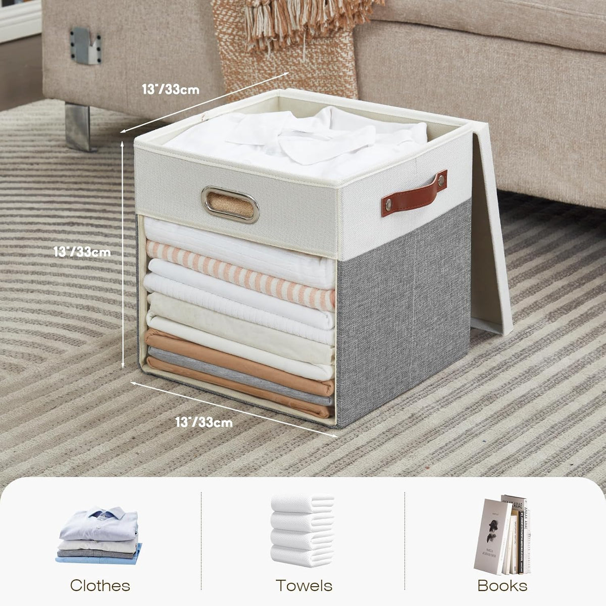Fabric Storage Cubes with Clear Windows and Lids, 13'' Foldable Storage Bins with 3 Handles