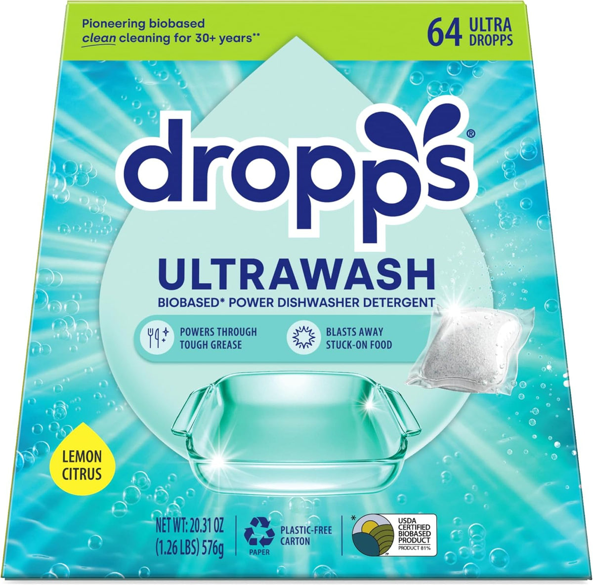 Dropps UltraWash Dishwasher Pods, Lemon Citrus (64 Count) - Biobased Power Deep Clean Dishwasher
