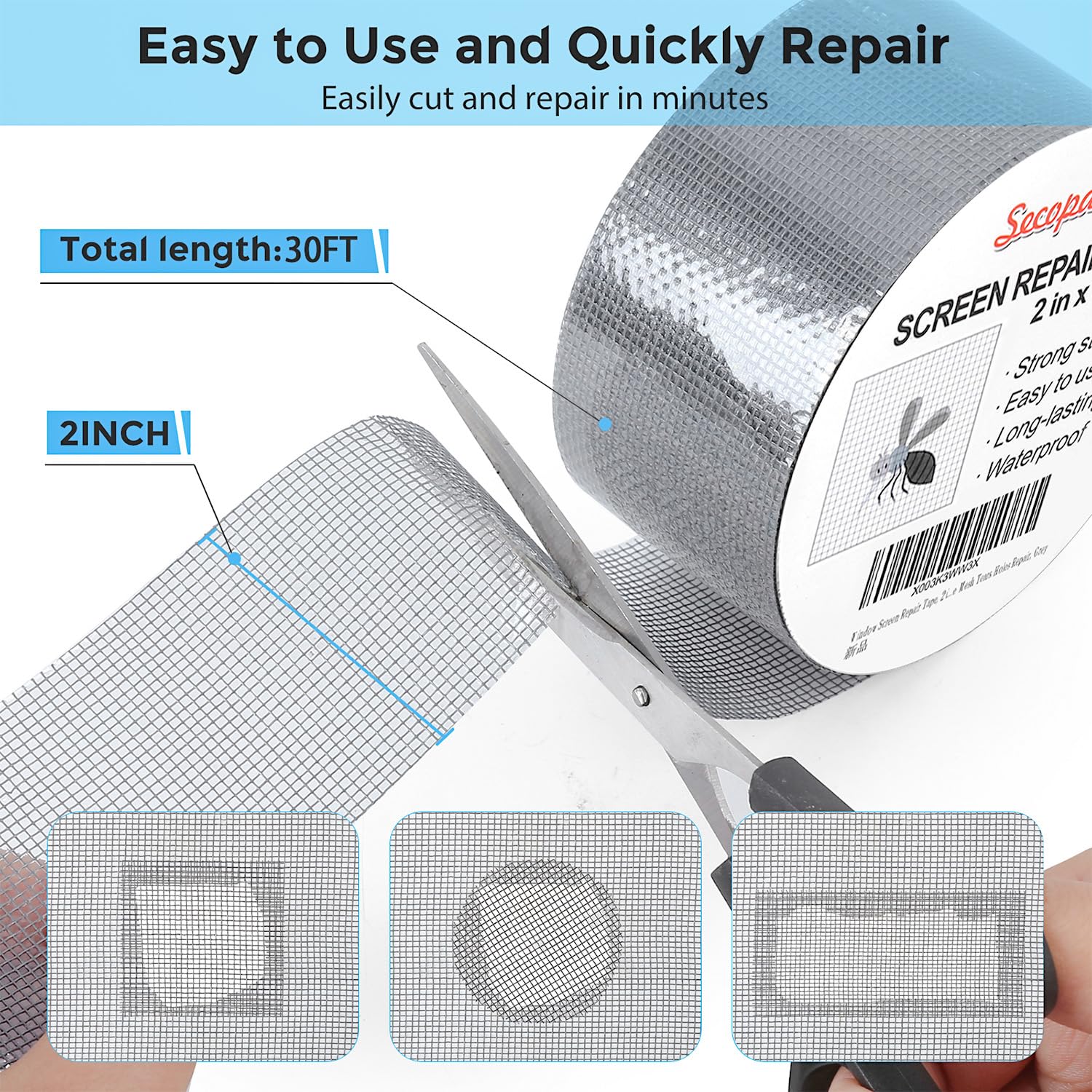 Grey Window Screen Repair Tape, 2IN X 30FT (360IN) Screen Repair Kit for Windows or Doors, Strong