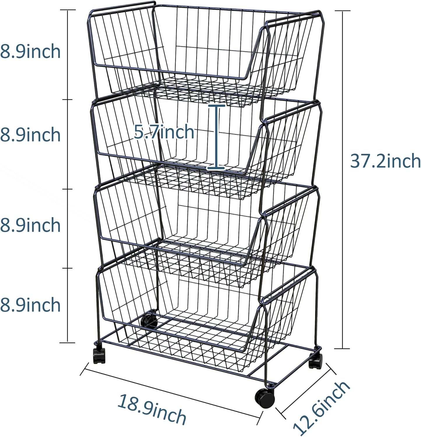 PUSDON 4-Tier Stackable Metal Storage Baskets, Anti-Rust Fruit Vegetable Rack, Dual Use Shelf for
