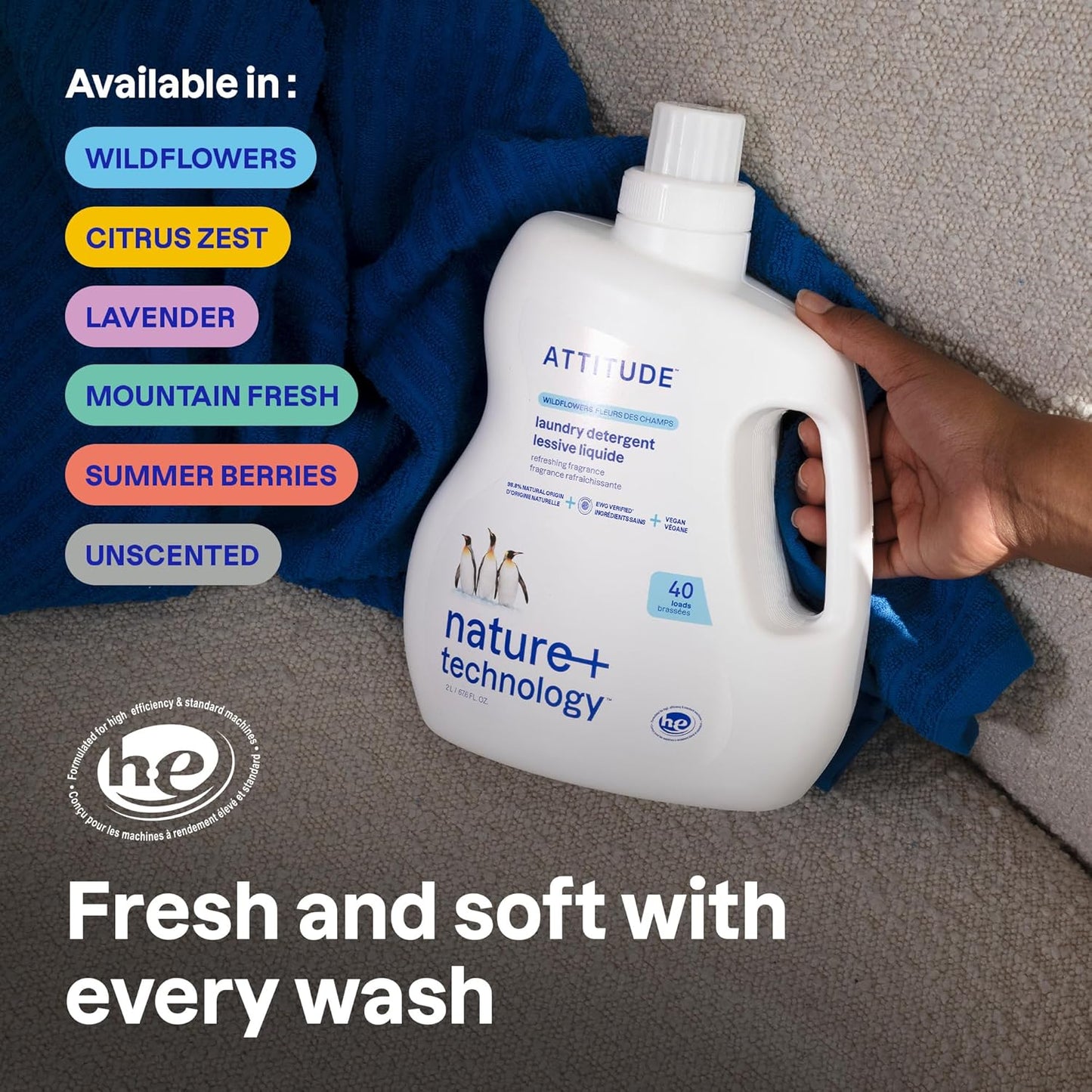 ATTITUDE Liquid Laundry Detergent, EWG Verified, HE Compatible, Plant-Based & Vegan, Natural