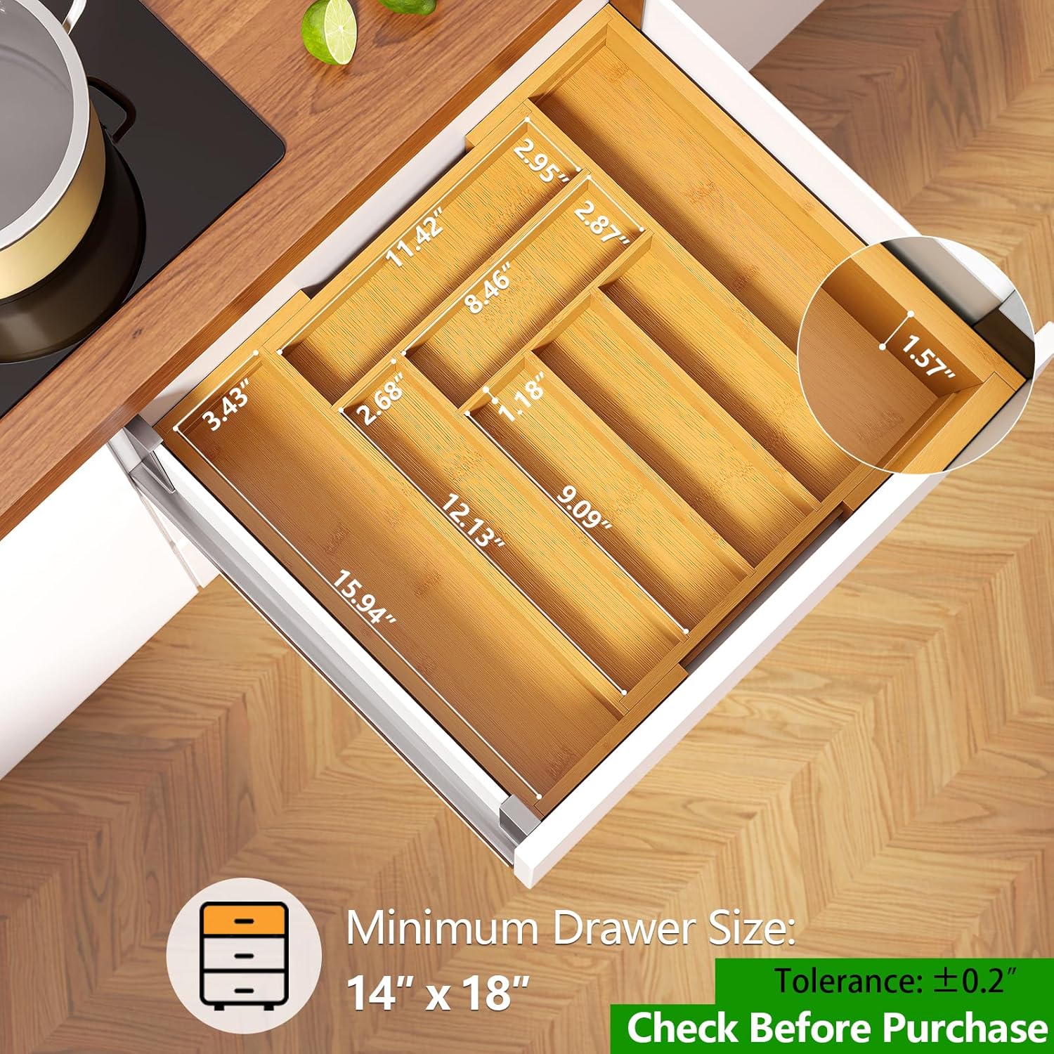 Pipishell Bamboo Silverware Organizer, Expandable Cutlery Tray, Utensil Drawer Organizer in Kitchen